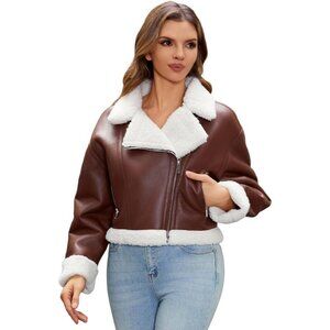 Women's Brown Fur Winter Coat Warm Thick Fur Lined Faux Leather Jacket